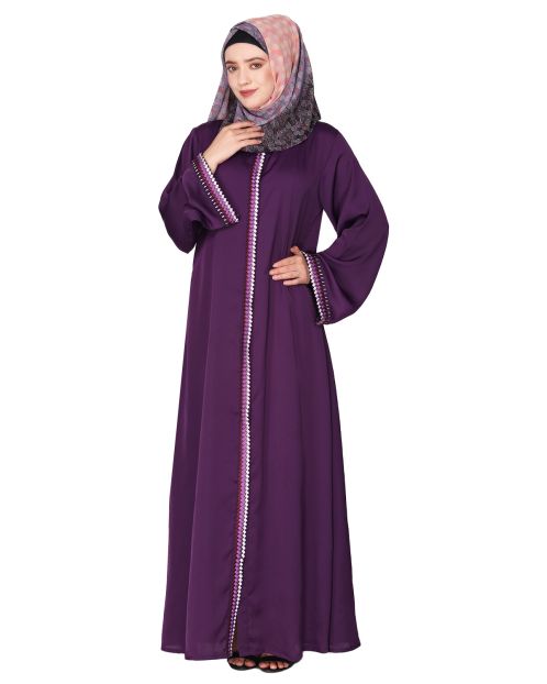 Pleasing front open purple abaya with beautiful checkered embroidery
