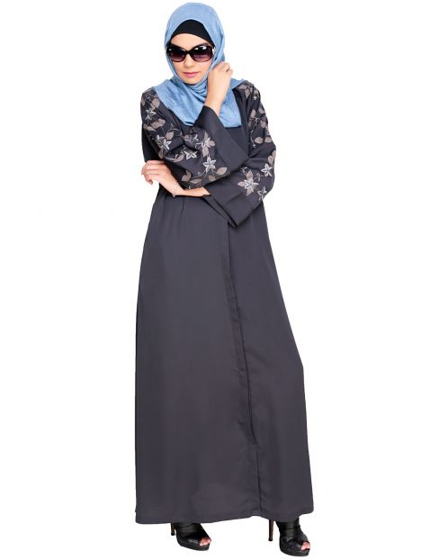 Alluring Floral Embroidery Dubai Style Dark Grey Abaya