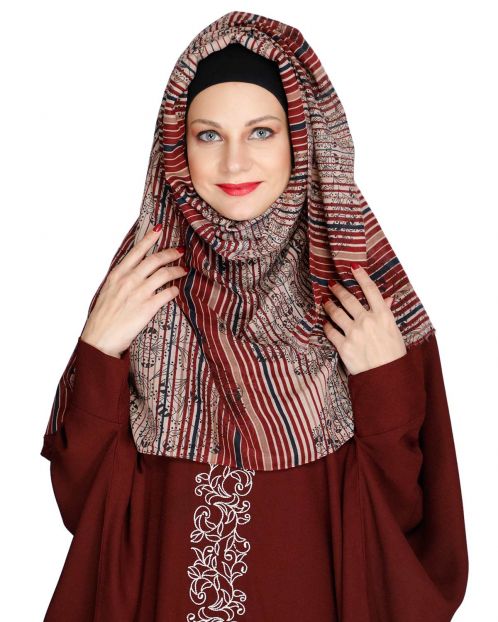 Maroon Striped and Printed Hijab