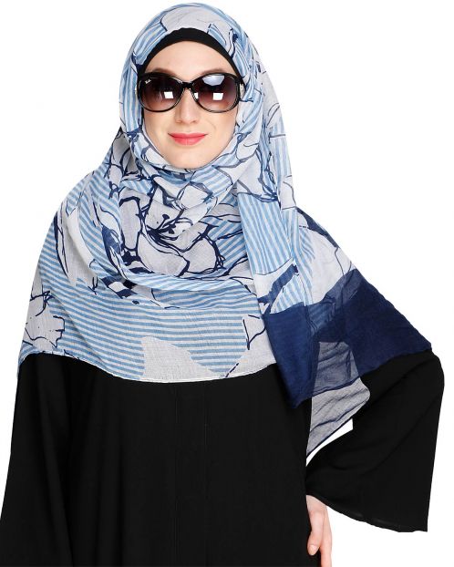 Printed Solid Border Blue Hijab