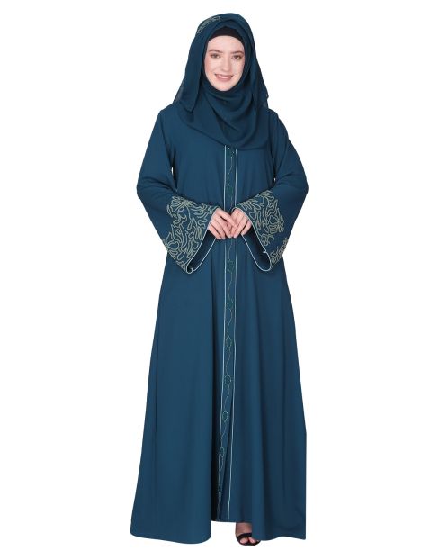 Premium handembroidered front open bottle green abaya with gleaming dual seed beads