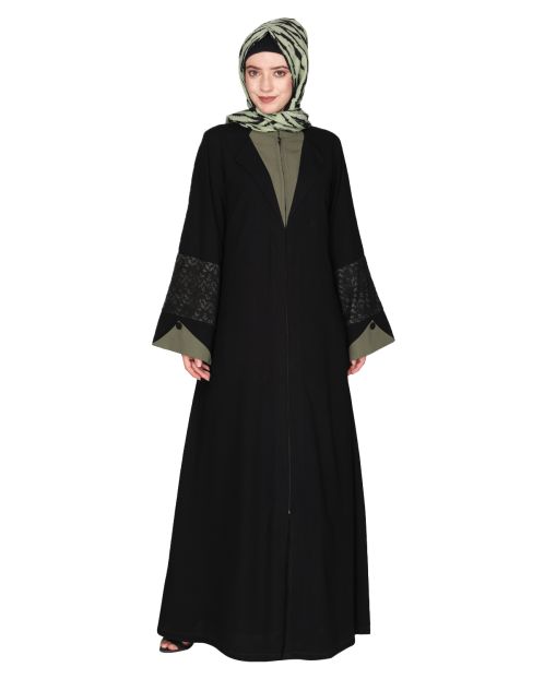 Contemporary jacket type front open black and green abaya with stylish laced sleeves